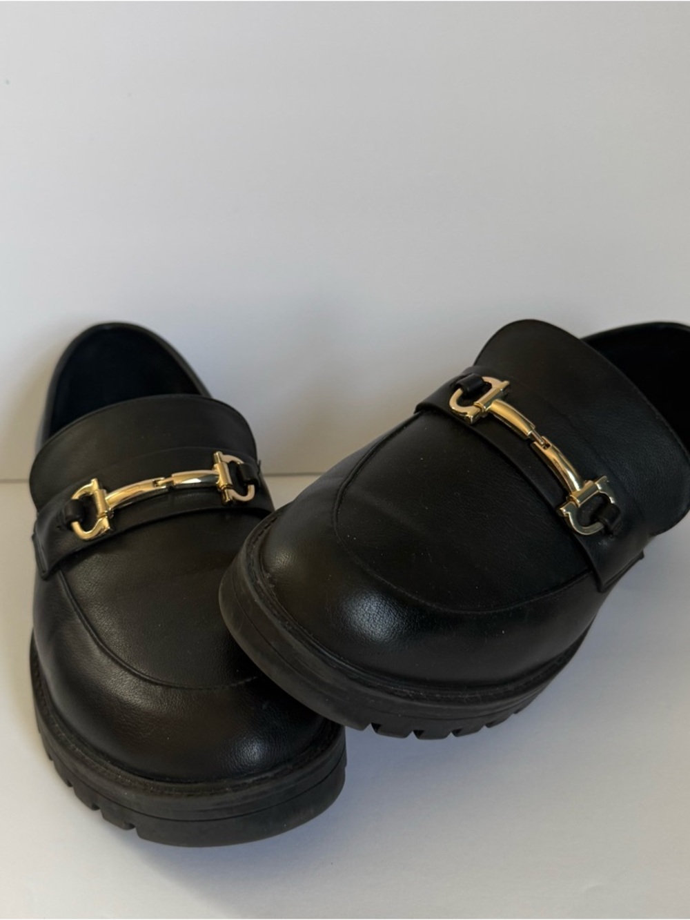LOFT Black Leather Slip-On Loafers with Gold Horsebit